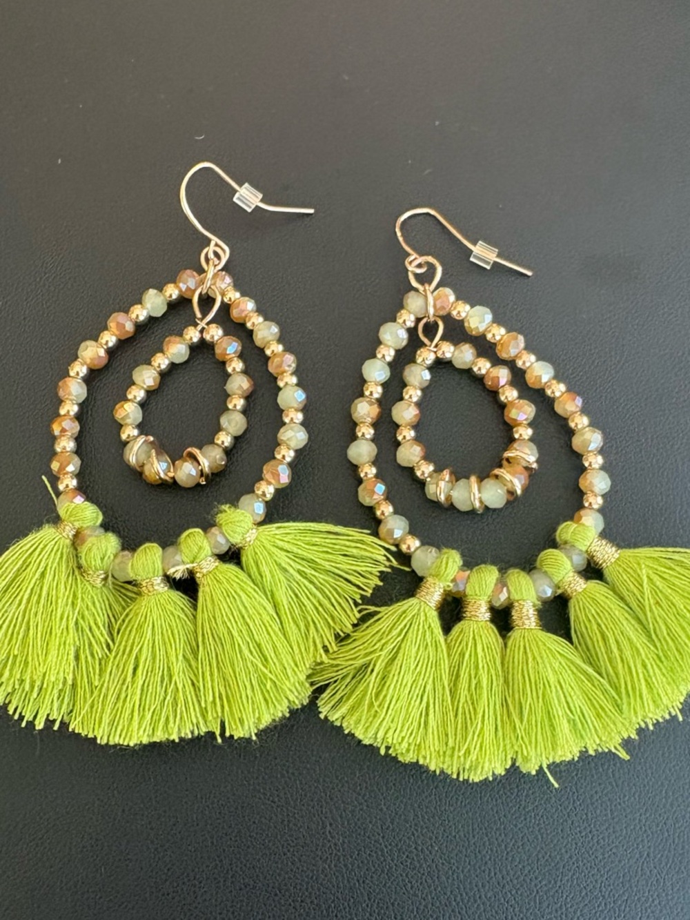 Green gold chandelier tassel earrings, beaded crystals